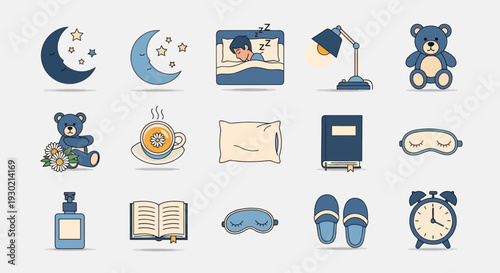 Collection of Hand-Drawn Sleep and Bedtime Routine Icons with Moon Teddy Bear and Alarm Clock.