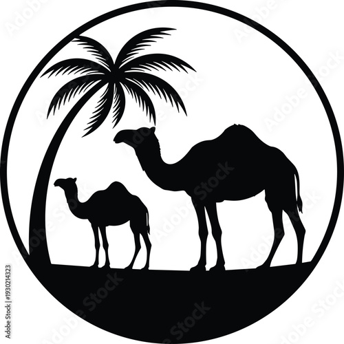 Silhouette illustration of mother camel and calf walking under a palm tree in a desert circle frame design