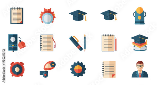 A colorful flat icon set representing education school supplies and academic achievement.