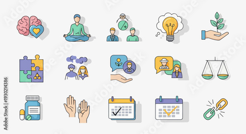 Set of colorful vector icons representing mental health teamwork and time management.