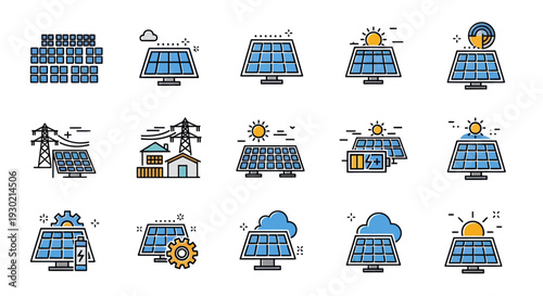 Collection of Flat Design Solar Panel Icons with Sun and Clouds.