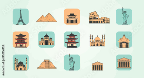 World Landmarks Icons: Eiffel Tower Pyramids Colosseum Statue of Liberty and Asian Temples.