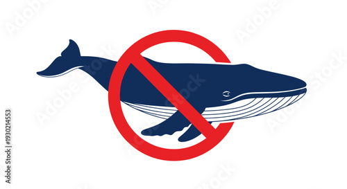 Blue whale silhouette with a red prohibition sign overlay.