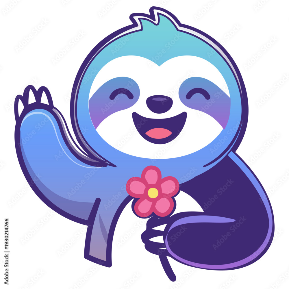 Naklejka premium Sloth holds flower with happy expression and raised hand. Bright colors create cheerful mood. Concept of wildlife, animal fun, nature conservation