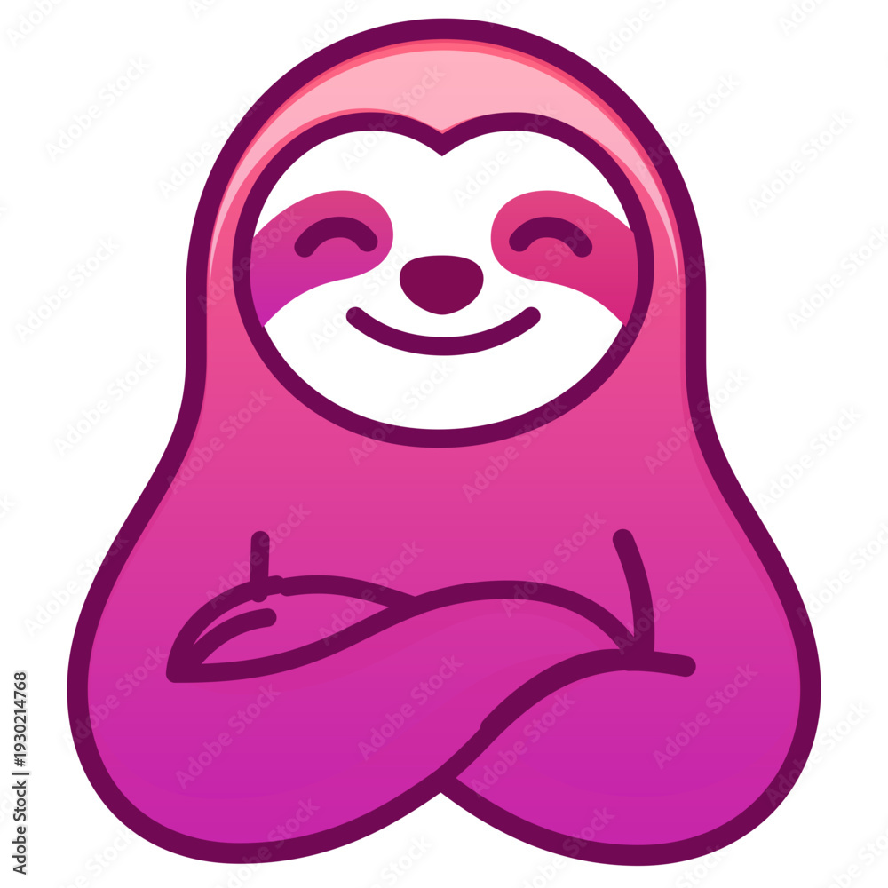 Fototapeta premium Sloth character smiles with crossed arms in bright pink gradient. Simple design lends fun feel. Concept of cartoon art, playful branding, children's themes