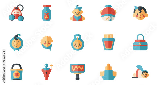 A colorful collection of flat design icons representing baby care newborn essentials and childhood toys.