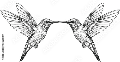 Two detailed hand-drawn hummingbirds facing each other in flight isolated on a white background for wildlife graphic design projects