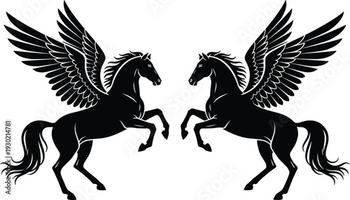 Two elegant black pegasus horses rearing up symmetrically isolated on a white background, perfect for heraldic emblems or fantasy illustrations.