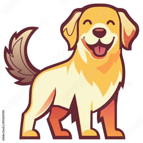 Happy golden retriever stands with a big smile in cartoon style. Bright colors make it vibrant. Concept of pet care, animal lovers, and graphic design