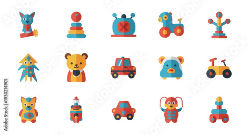 Collection of colorful and whimsical cartoon-style childrens toys.