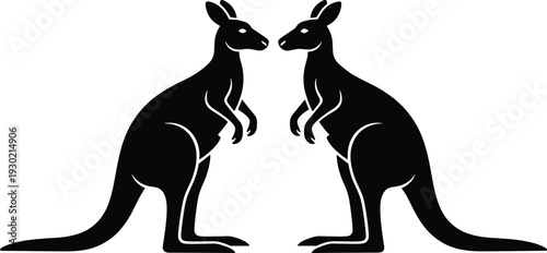Two facing kangaroos silhouette isolated on white background, black and white vector illustration representing Australian wildlife and nature icon concept.