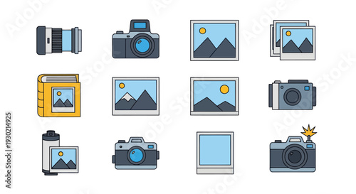 Colorful Flat Design Photography Icons Set with Cameras Lenses and Photos.