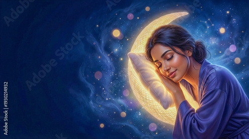 A surreal and serene conceptual illustration of a woman sleeping peacefully on a luminous moon amidst a starry galaxy, symbolizing restorative rest, sweet dreams, and inner tranquility.
