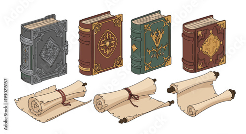 Four antique books and three parchment scrolls with intricate designs isolated on a white background for fantasy or historical design.