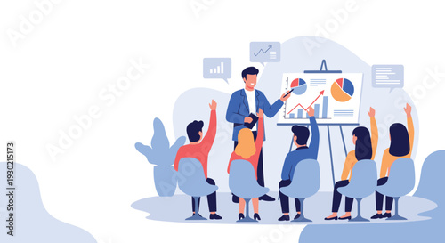 Business mentor presenting a growth strategy on a flip chart to a group of engaged employees in a bright office environment.