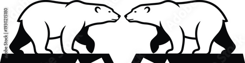 Two polar bears facing each other, minimalist vector illustration representing connection, wildlife, and arctic nature on white background