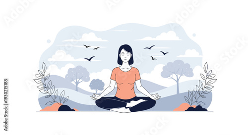 Young woman practicing yoga and meditation in a peaceful outdoor setting with rolling hills and birds flying in the sky.