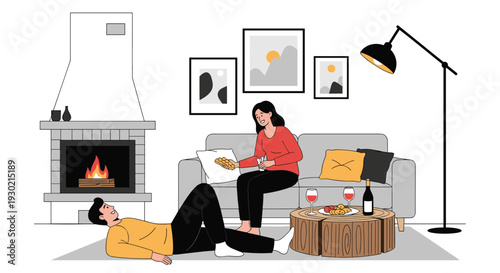 Couple relaxing in a cozy living room by a fireplace with wine and snacks for a quiet evening at home together.