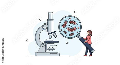 Scientist using a large magnifying glass to examine bacteria and microorganisms next to a laboratory microscope for medical research.