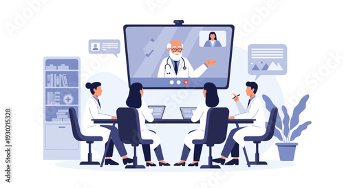 Group of medical professionals attending a virtual teleconference with a senior doctor displayed on a large screen in a meeting room.