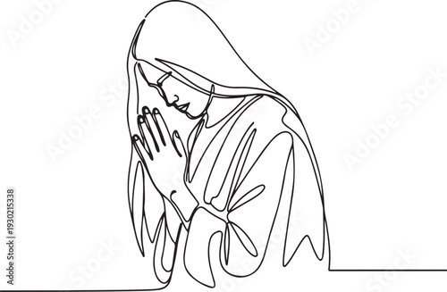 Continuous line art drawing of a woman praying with clasped hands, expressing faith and devotion.