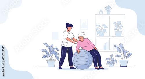 Physical therapist helping a senior woman exercise with a fitness ball in a bright room with many potted plants for rehabilitation.
