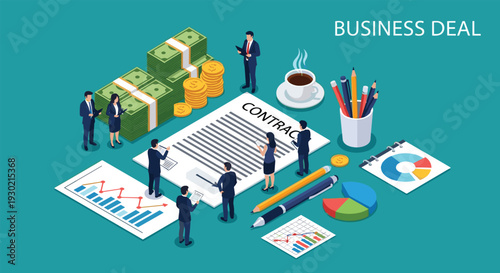 Successful business deal concept showing professionals signing a large contract surrounded by money, charts, and office supplies.