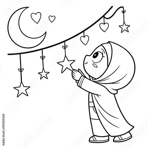 Simple cute chibi doodle line art vector, adorable girl in hijab standing on tiptoes hanging crescent moon and star decorations on a string, tiny hearts mixed with stars, minimal black line drawing on