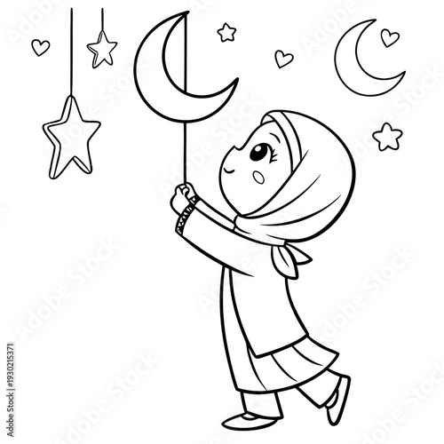 Simple cute chibi doodle line art vector, adorable girl in hijab standing on tiptoes hanging crescent moon and star decorations on a string, tiny hearts mixed with stars, minimal black line drawing on