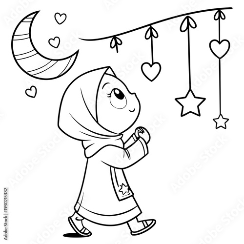 Simple cute chibi doodle line art vector, adorable girl in hijab standing on tiptoes hanging crescent moon and star decorations on a string, tiny hearts mixed with stars, minimal black line drawing on