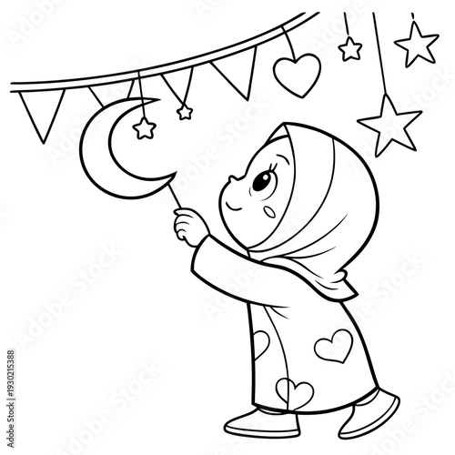 Simple cute chibi doodle line art vector, adorable girl in hijab standing on tiptoes hanging crescent moon and star decorations on a string, tiny hearts mixed with stars, minimal black line drawing on