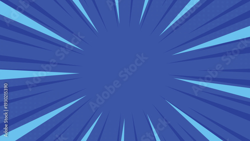 Blue comic pop art background with dynamic radial burst, vibrant rays, and retro halftone style.