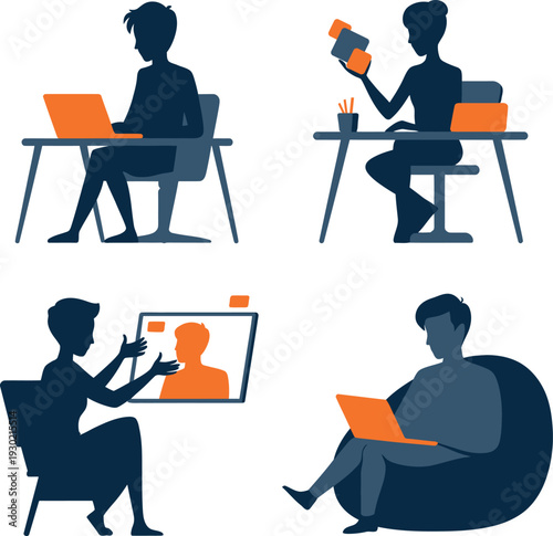 Diverse people working remotely with laptops and video calls