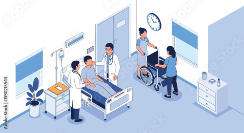 Hospital ward scene with doctors attending to a patient in bed and a nurse preparing a wheelchair for another patient in the room.