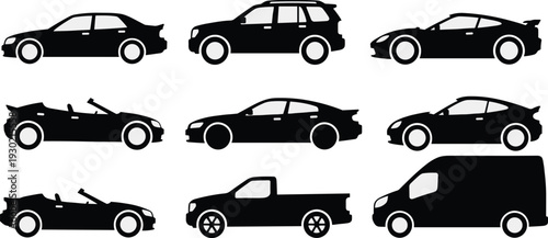 Car silhouette collection illustration, sedan suv coupe pickup and van vehicles set, black vector isolated background