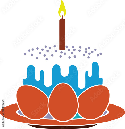 Colorful Easter cake with eggs and lit candle vector