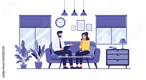 Couple sitting on a sofa in a modern purple-themed living room and discussing something important while a clock shows the time.