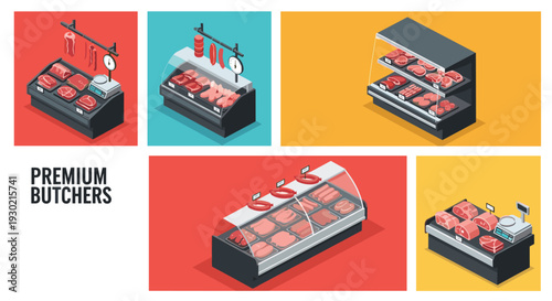 Isometric butcher shop displays featuring various cuts of fresh raw meat including steaks sausages and beef ribs on a colorful background.