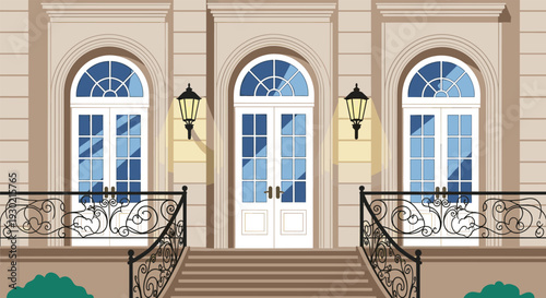 Classic building exterior with three elegant arched white doors illuminated by wall lamps above stone stairs and a decorative iron fence.