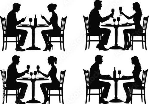 Couple dining silhouette set illustration, romantic restaurant date night scenes, black vector isolated background