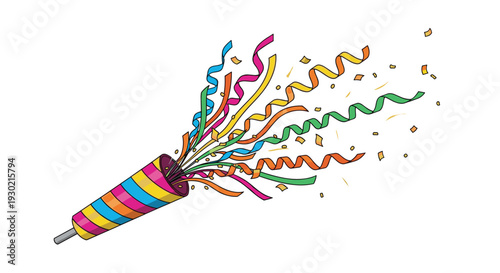 Colorful party popper shooting out bright streamers and golden confetti for celebration events festivals or birthday parties over white.