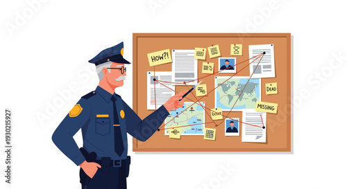 Police investigator pointing at a mystery board with crime scene photos maps and notes connected by red strings in an office.