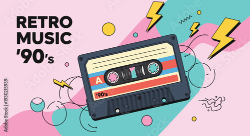 Retro nineties music poster featuring a classic cassette tape with colorful abstract shapes and lightning bolts in a vibrant pop art style.