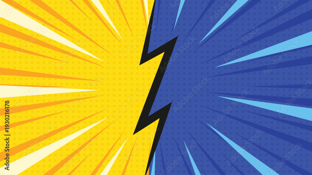 Fototapeta premium Dynamic comic pop art background with sunburst rays, bold diagonal split, and lightning bolt accents.