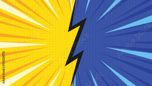 Dynamic comic pop art background with sunburst rays, bold diagonal split, and lightning bolt accents.