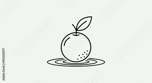 Minimalist Line Art Orange with Leaf on Water Ripples, Fresh Fruit Icon