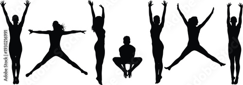 Jumping people silhouette set illustration, fitness exercise action poses collection, black vector figures isolated background