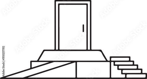 Accessibility design concept showing entrance door with wheelchair ramp and stairs representing inclusive building architecture and equal access