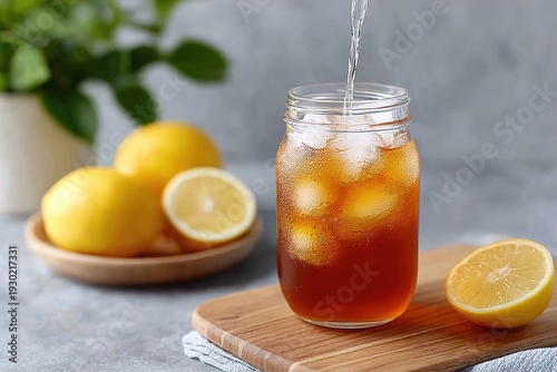 A refreshing glass of iced tea with lemons on a wooden board