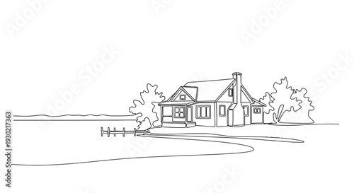 Minimalist Line Drawing of a Lakeside Cabin with Dock and Trees